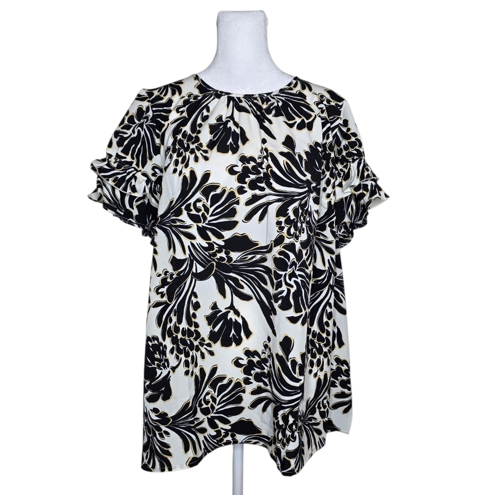 Lane Bryant Womens Black And White Ruffle Blouse Size 14 NEW